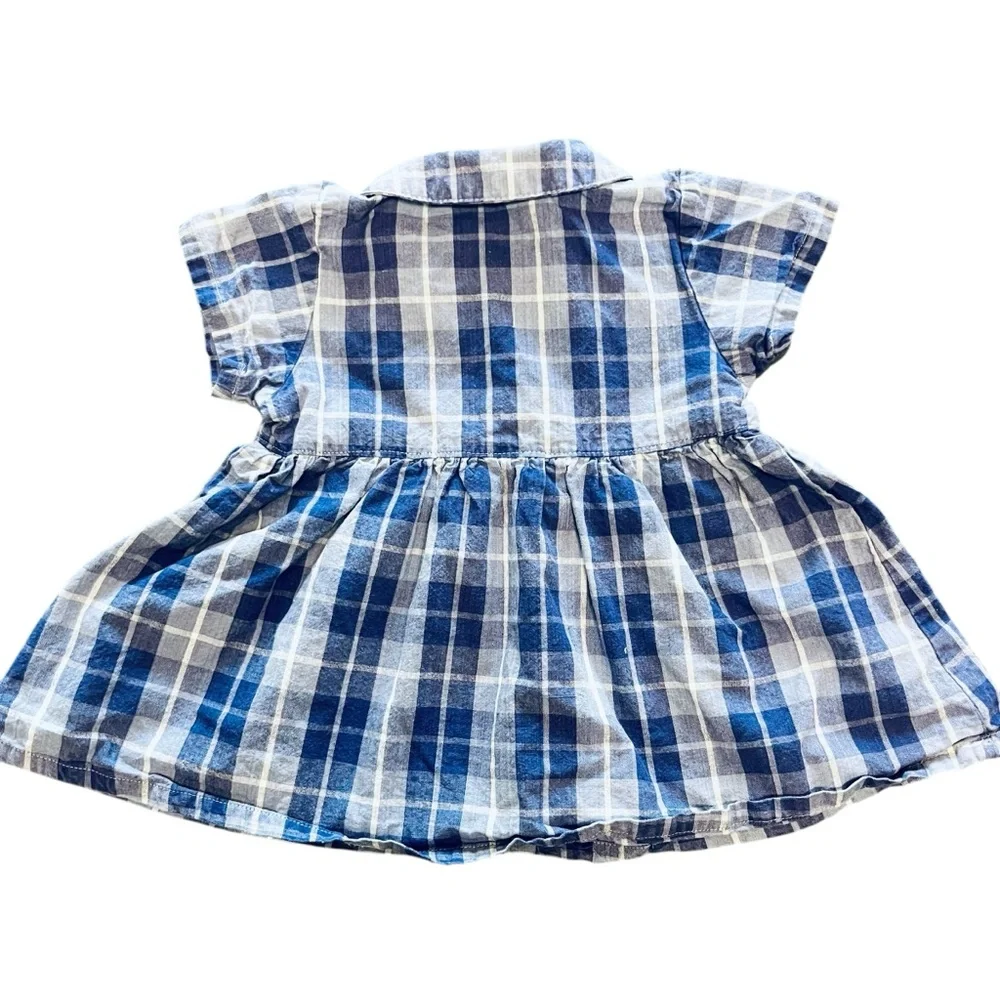Vintage 90s/00s Baby Dress Blue Plaid Short Sleeve with Flower size 18 months